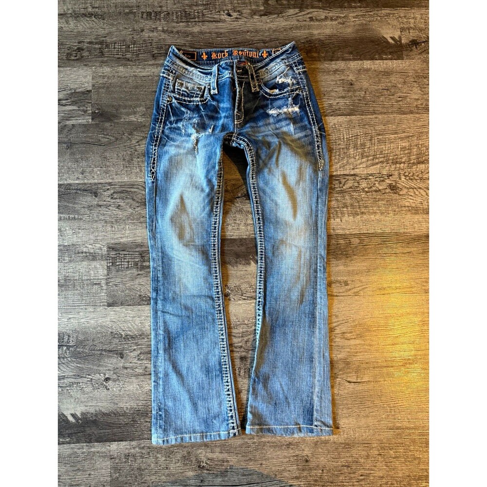 Rock Revival Evie Mid Rise Bootcut Jeans Womens 26 Distressed Thick Stitch Y2K